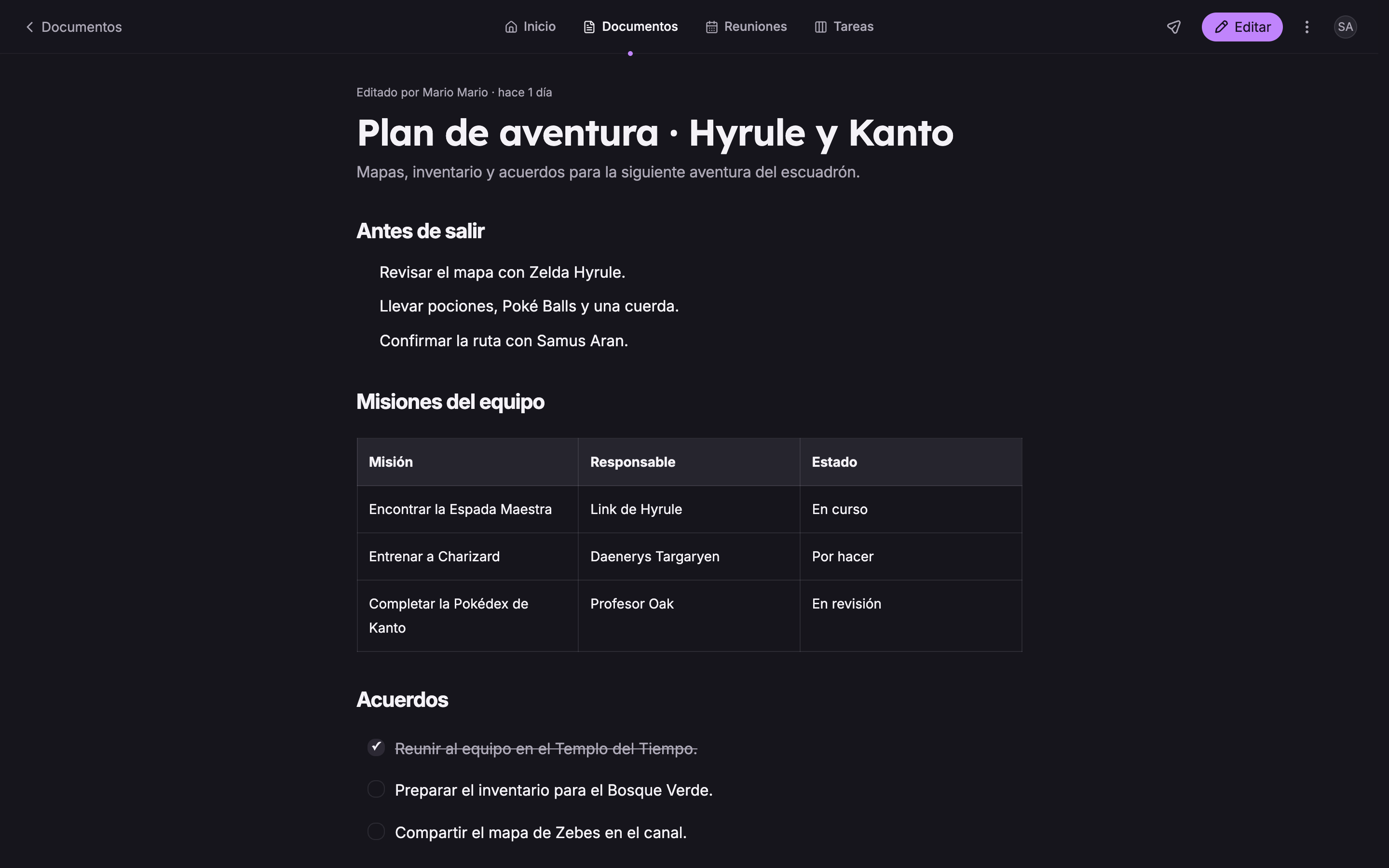 Un plan de aventura en Bardo, con la navegación completa de Inicio, Documentos, Reuniones y Tareas