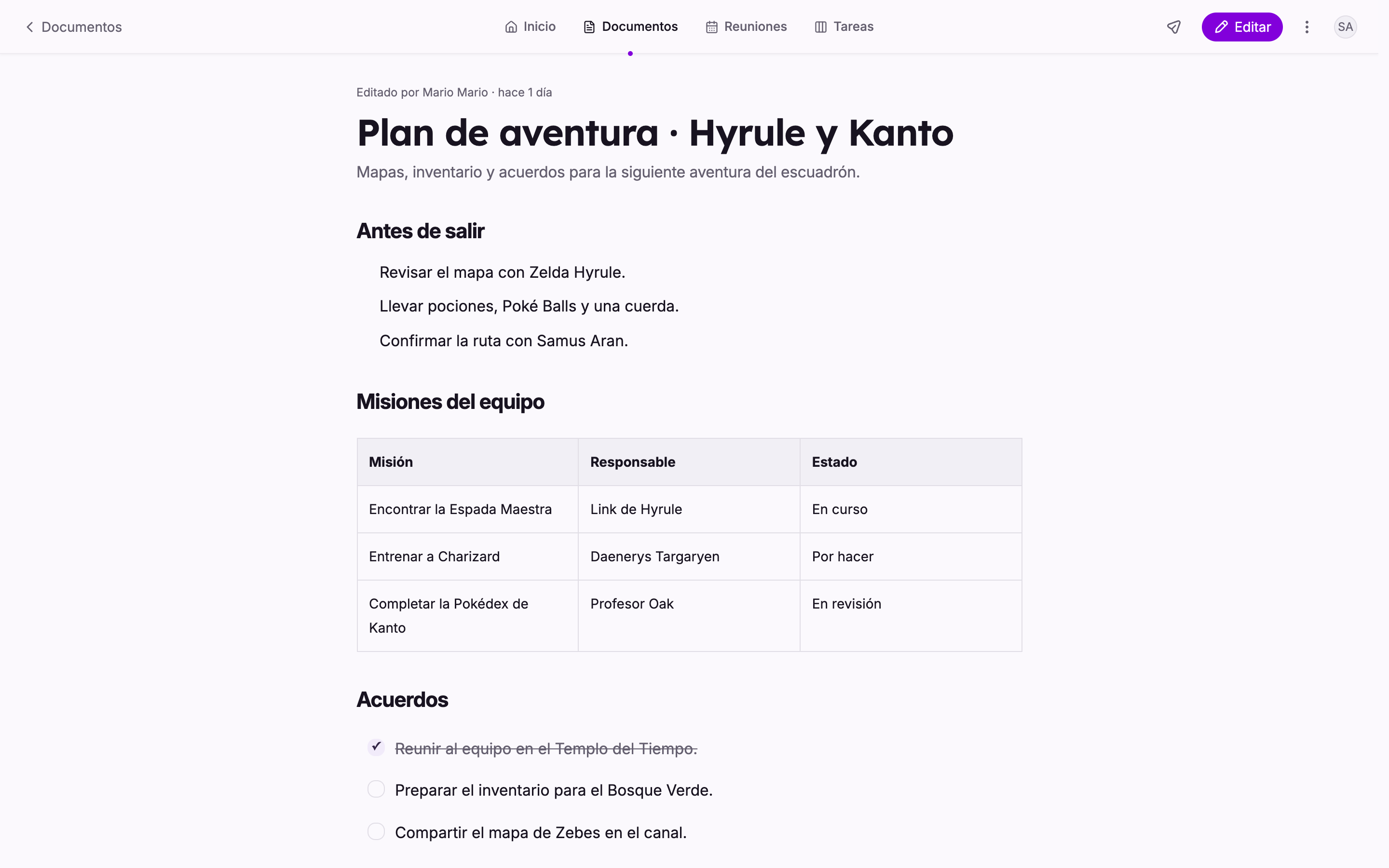 Un plan de aventura en Bardo, con la navegación completa de Inicio, Documentos, Reuniones y Tareas
