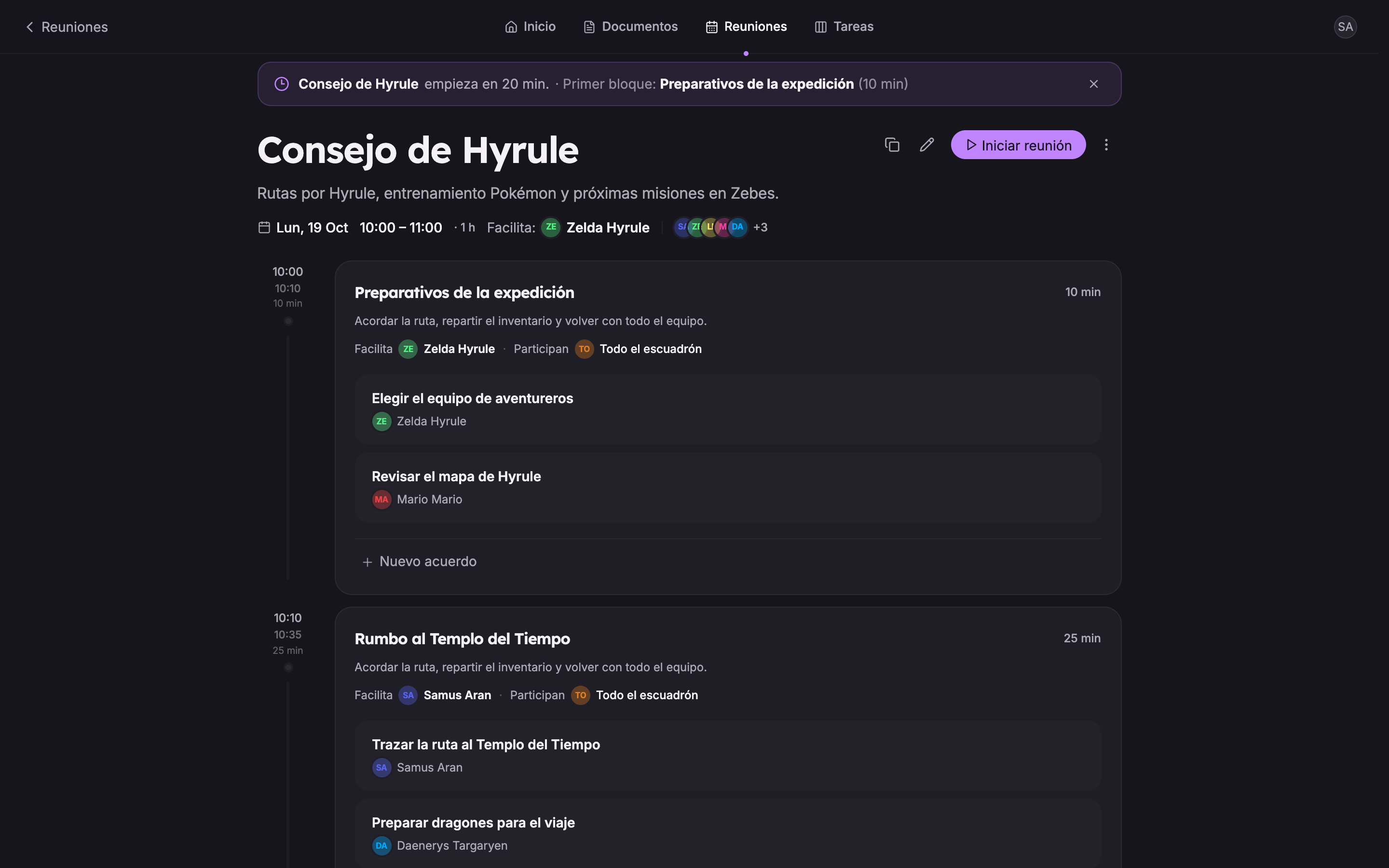 La agenda de una reunión semanal en Bardo, con temas, duraciones y responsables