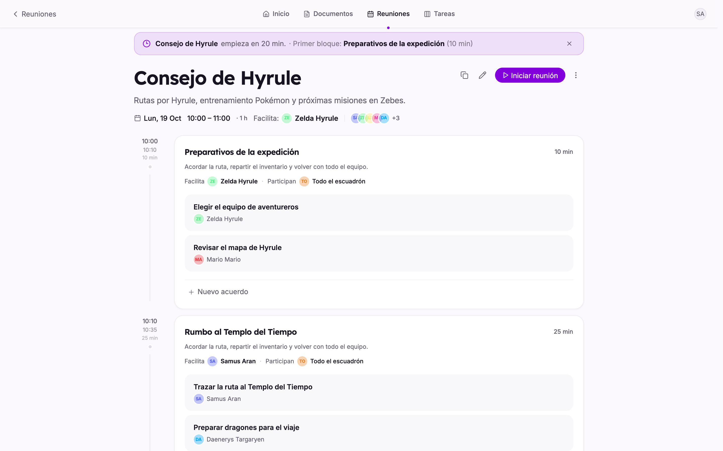 La agenda de una reunión semanal en Bardo, con temas, duraciones y responsables