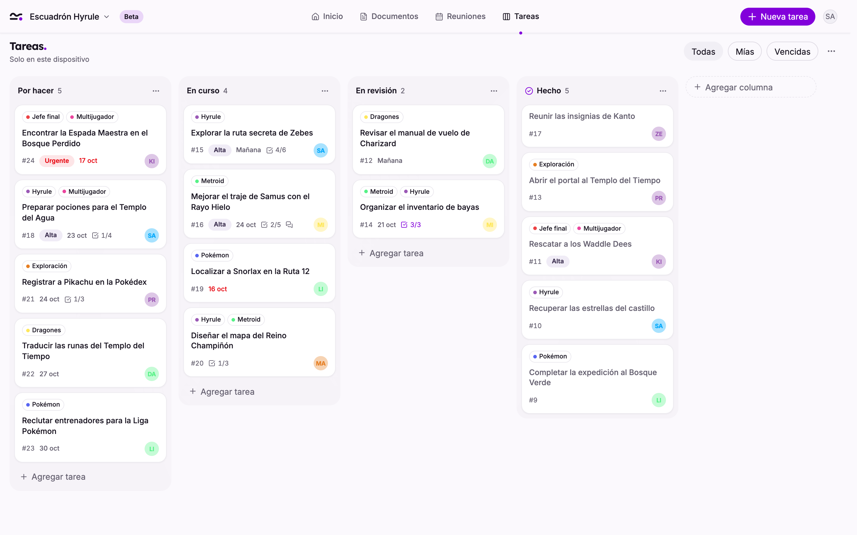 El tablero de tareas de Bardo con cuatro columnas: por hacer, en curso, en revisión y hecho