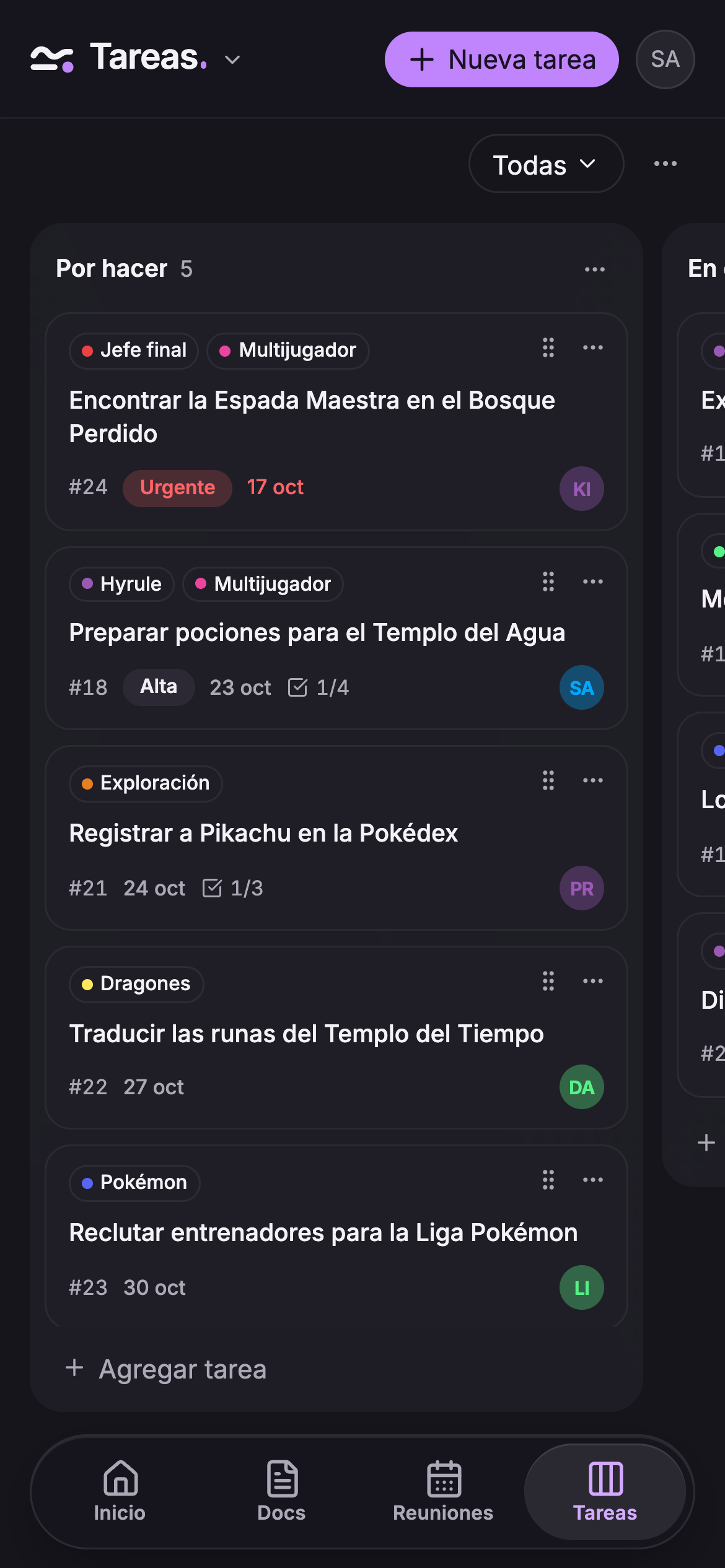 El tablero de tareas de Bardo en Discord para móvil