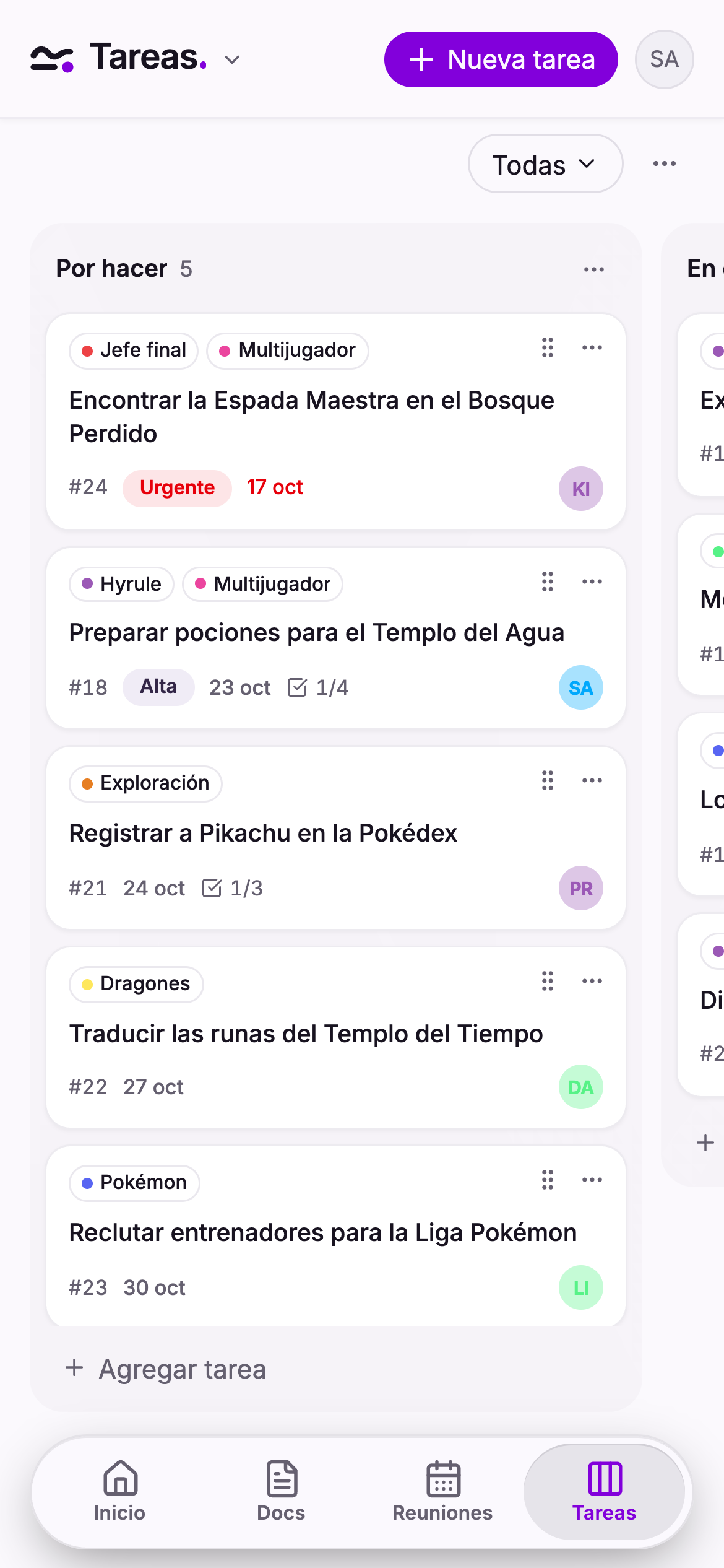 El tablero de tareas de Bardo en Discord para móvil